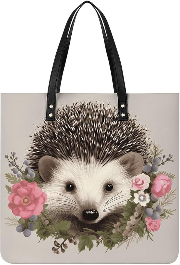 Hedgehog in Floral Wreath Leather Handbags Crossbody Bags for